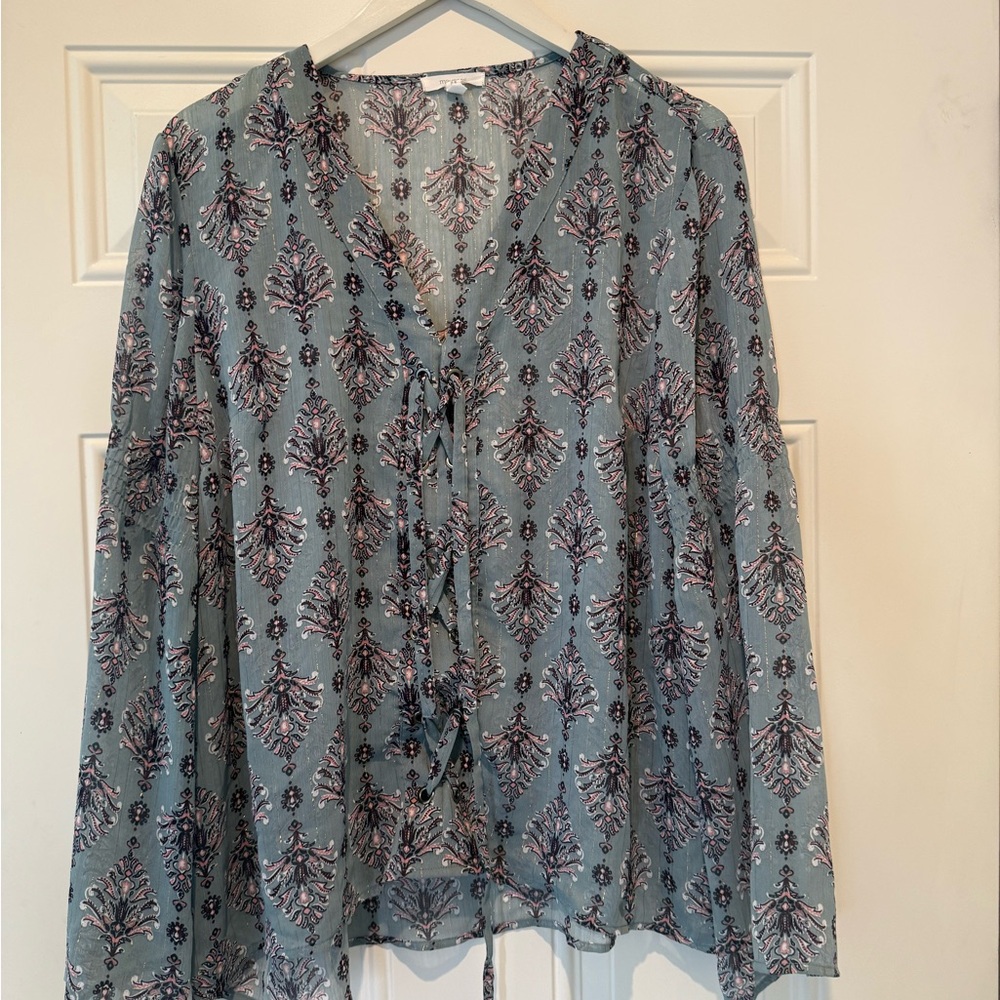 Maurice’s Print Women's Top size 1 metallic thread tie front sheer